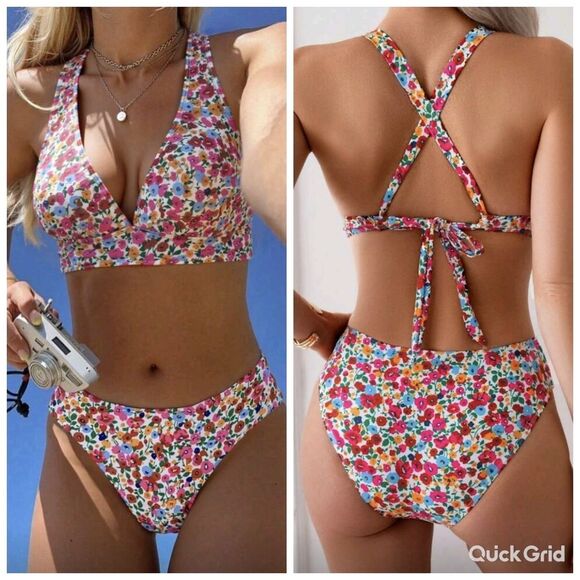 six eight ten Other - Womens Casual Beach & Swim Floral Ditsy Flower Halter Tie Back High Waist Bikini